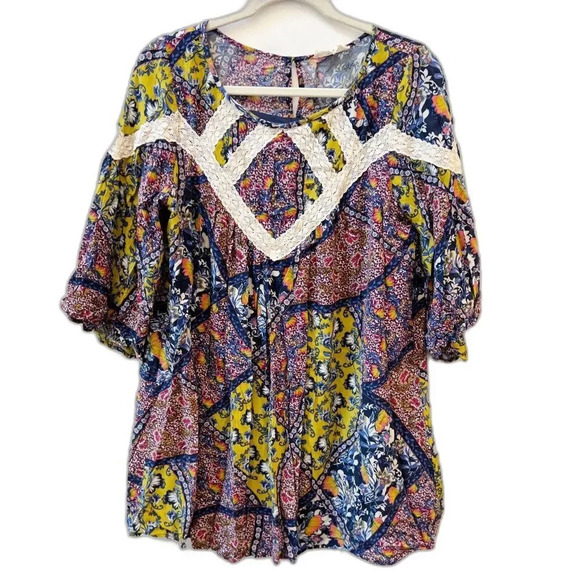 Entro Womens Patchwork Peasant Boho Top Tunic Dress Sz L NWOT - Picture 1 of 10